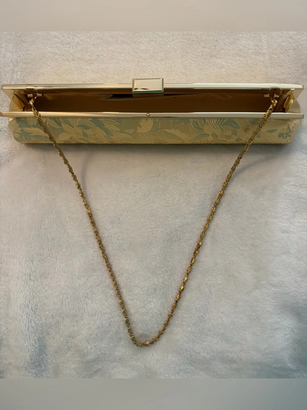 Gold Floral Embossed Evening Clutch with Chain Strap